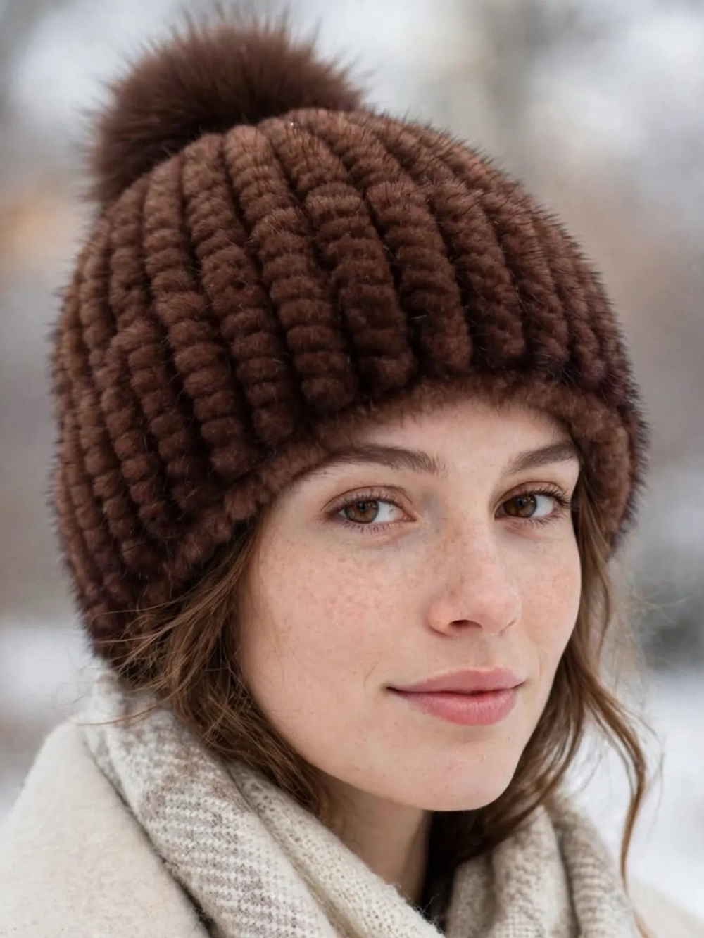 Women’s real mink fur beanie Luxury Ribbed Pom-Pom Beanie - Brown